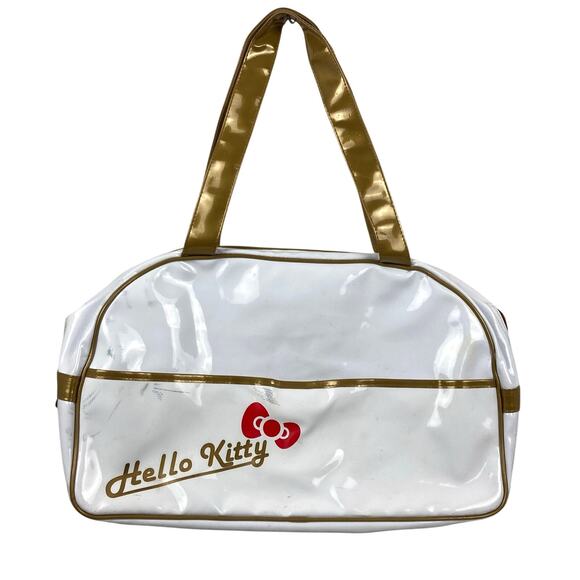 Sanrio Hello Kitty Duffle Bag 2006 Gold White Red Baw Y2K Pockets Cosmetic FLAWS - Picture 1 of 14
